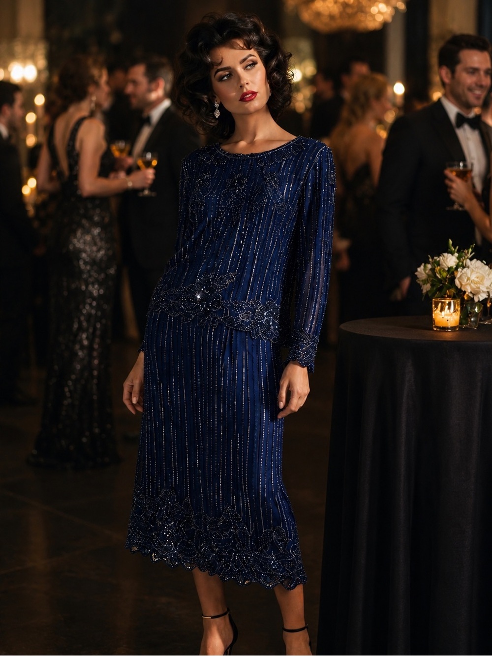 Vintage Mark & John II 100% Silk Beaded Sequin Skirt Set Sapphire Blue Midi M